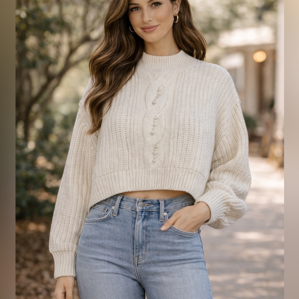 My Michelle Pearl Accent Cream Cable‎ Knit Cropped Oversized Sweater XL